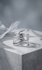 An architectural silver ring featuring an intricate interweaving of lines reminiscent of a dragonfly’s wing structure. The ring stands upright on a textured gray concrete pedestal. Soft studio lighting highlights the metal’s high-gloss mirror finish and creates sharp, geometric shadows. In the background are blurred white translucent accents, symbolizing the element of ether.