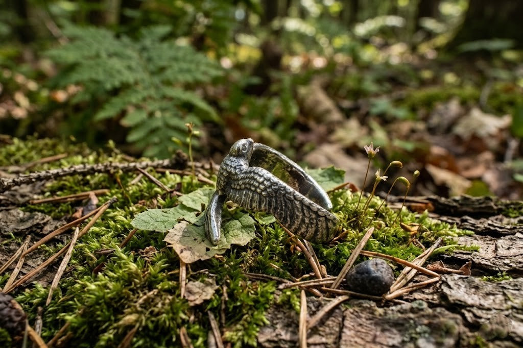 A handmade silver ring in the shape of a bird with detailed feather engraving, placed on textured moss and tree bark.