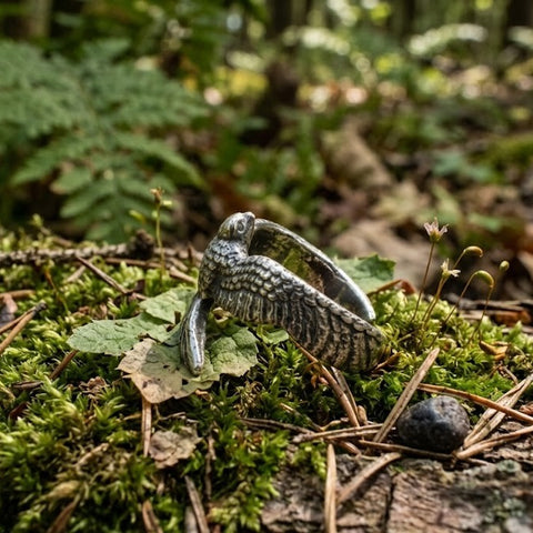 A handmade silver ring in the shape of a bird with detailed feather engraving, placed on textured moss and tree bark.