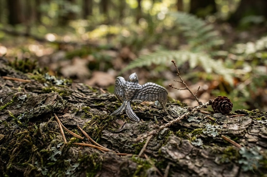 A silver jewelry piece depicting a bird in flight against a forest landscape, emphasizing the continuity of traditions and the connection with nature.
