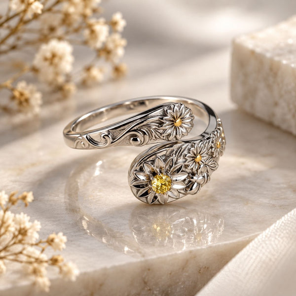 Adjustable sterling silver floral garden ring with yellow zircon and golden-tone accents