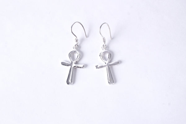 Sterling silver Ankh symbol drop earrings on a white background