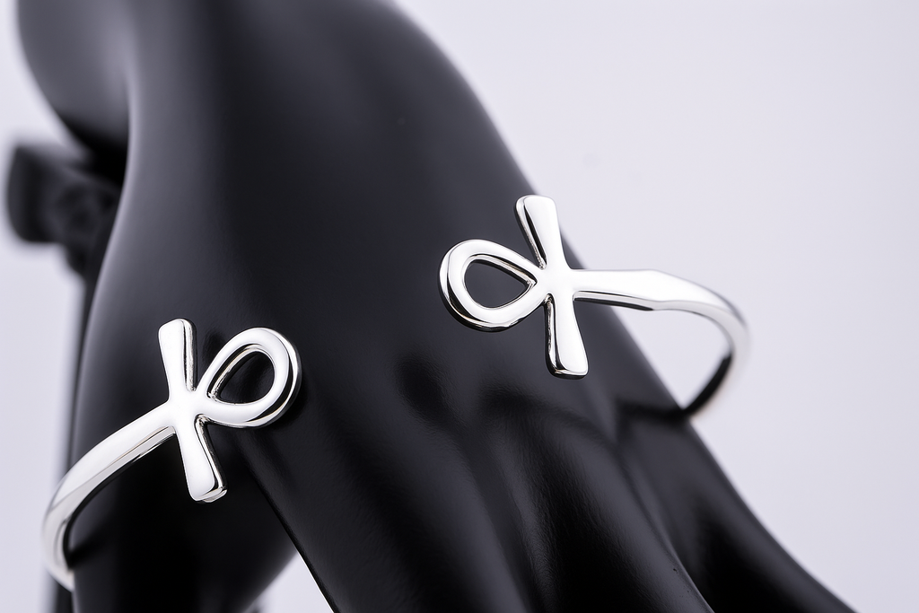 “925 sterling silver Ankh cuff bracelet on a black mannequin hand”