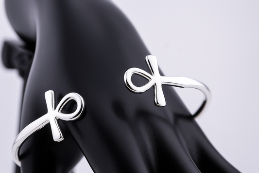 “925 sterling silver Ankh cuff bracelet on a black mannequin hand”