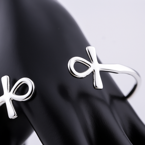 “925 sterling silver Ankh cuff bracelet on a black mannequin hand”