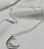 925 sterling silver crescent moon rose necklace with chain, clasp, and extension links.