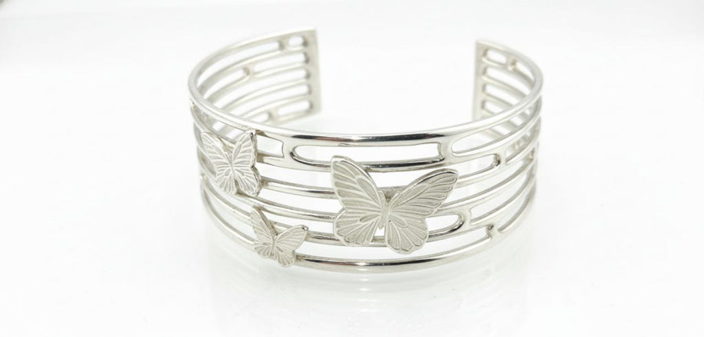 “925 sterling silver butterfly cuff bracelet with three sculpted butterflies, handcrafted openwork bangle, women’s silver jewelry.”