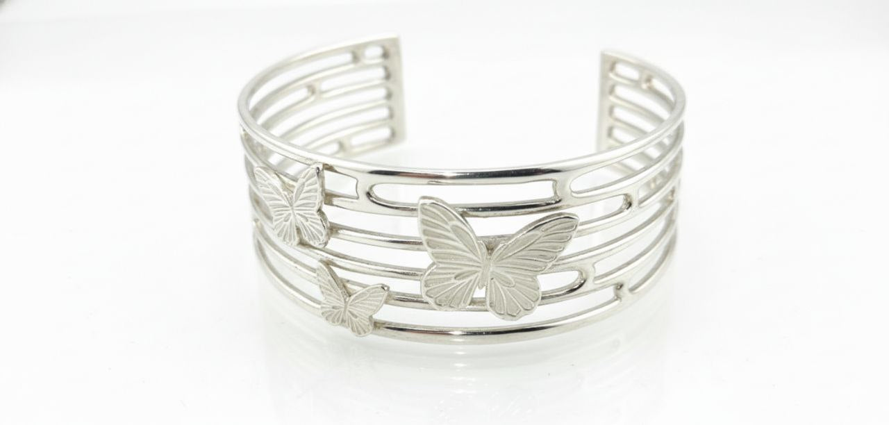 “925 sterling silver butterfly cuff bracelet with three sculpted butterflies, handcrafted openwork bangle, women’s silver jewelry.”