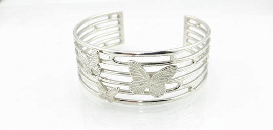 “925 sterling silver butterfly cuff bracelet with three sculpted butterflies, handcrafted openwork bangle, women’s silver jewelry.”