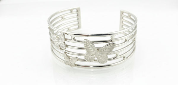 “925 sterling silver butterfly cuff bracelet with three sculpted butterflies, handcrafted openwork bangle, women’s silver jewelry.”