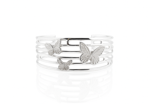 "925 sterling silver butterfly cuff bracelet with three sculpted butterflies, handcrafted openwork bangle, women's silver jewelry."