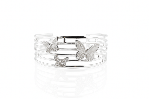 "925 sterling silver butterfly cuff bracelet with three sculpted butterflies, handcrafted openwork bangle, women's silver jewelry."