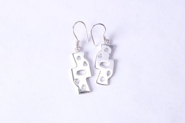 Sterling silver Gye Nyame Adinkra symbol drop earrings on a white background
