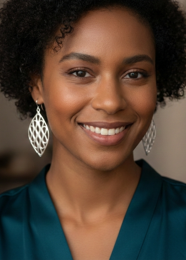 Woman wearing minimalist sterling silver leaf-shaped dangle earrings with openwork pattern