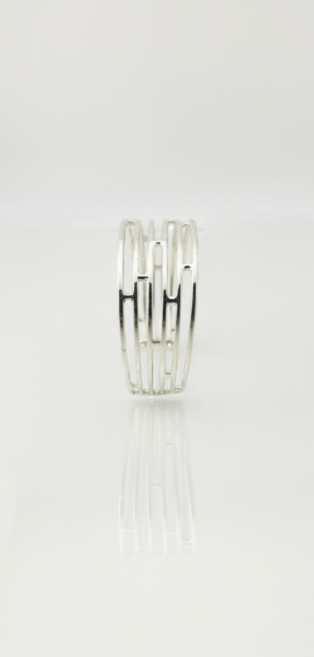 Front view of sterling silver openwork cuff bracelet with multi-band design