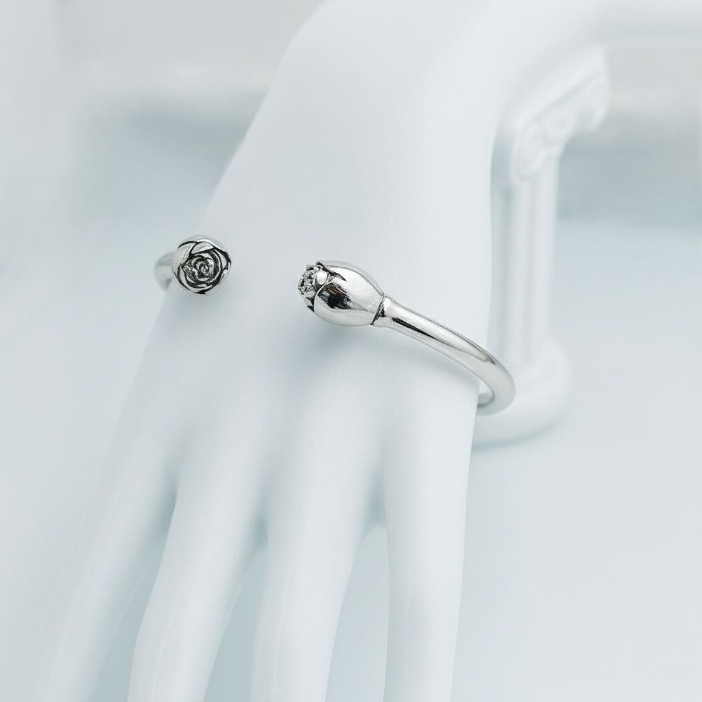 “925 sterling silver rosebud cuff bracelet with twin blossom ends, handcrafted floral open cuff.”