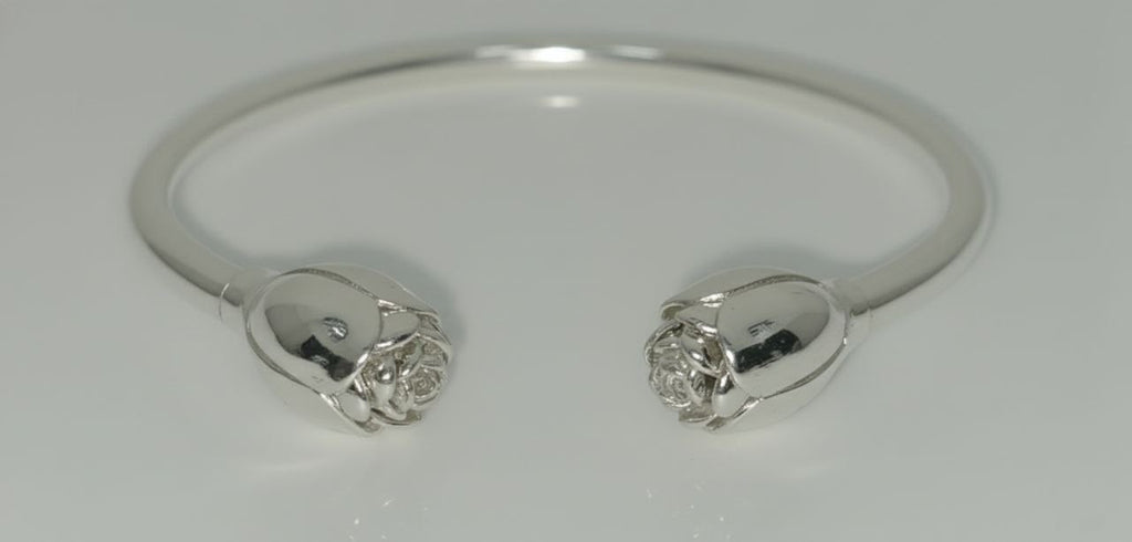 “Front view of handcrafted 925 sterling silver rosebud floral cuff bracelet.”