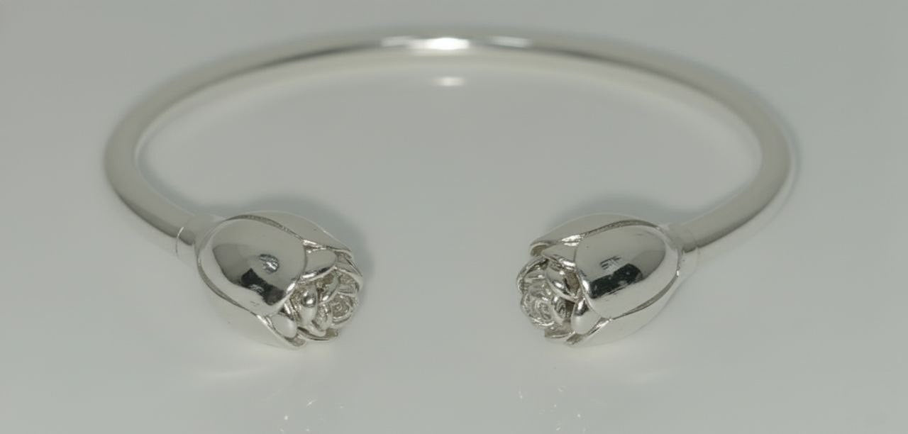 “Front view of handcrafted 925 sterling silver rosebud floral cuff bracelet.”