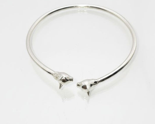 “Silver Cat Bracelet – top view of 925 sterling silver open cuff with twin cat head details on a clean white background”
