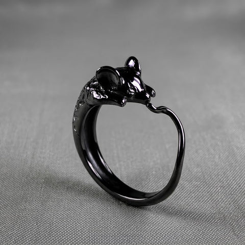 Handcrafted 925 sterling silver mouse ring with mirror-polished black finish by Lakseena Jewelry.