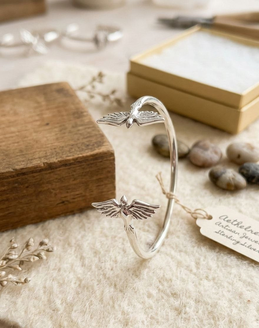 Perspective view of the Twin Wings cuff bracelet in 925 sterling silver, showing the elegant curve and sculpted bird details. A modern heritage piece showcasing expert jewelry craftsmanship.